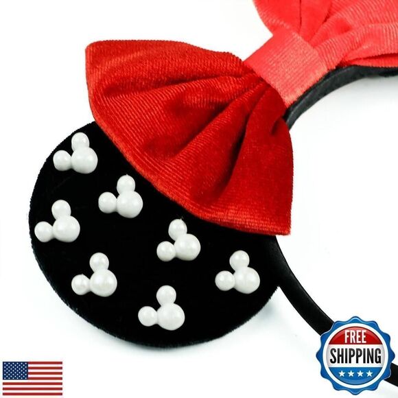 Velvet Mouse Ears Hair Bow Headband with Pearls New - Picture 3 of 5